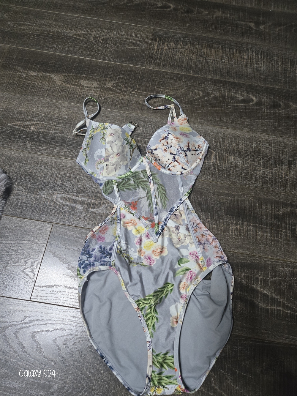 Floral One-Piece Swimsuit in Light Gray with Multicolor Blossom Print
